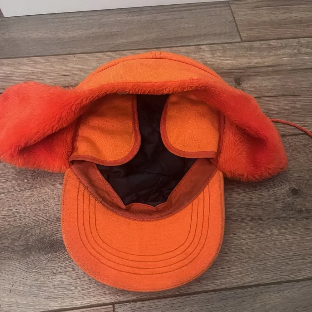Vintage Whitewater Outdoors Orange Hunting Hat Trapper Cap Ear Flaps USA Made